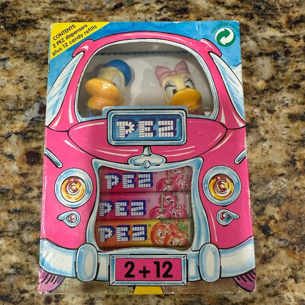 Vintage PEZ Dispensers Donald & Daisy Duck Pink Car Box + 12 Candy Refills